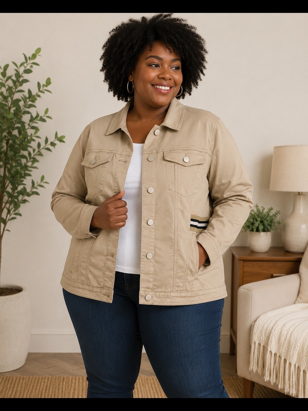DG2 Diane Gilman 1X Utility Jean Jacket Beige Stretch Snap Front Plus